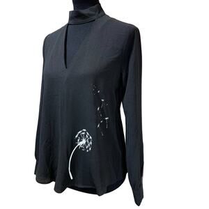 Hand Printed Upcycled Small Dandelion Wish Long Sleeve Cut Out Deep VNeck Blouse